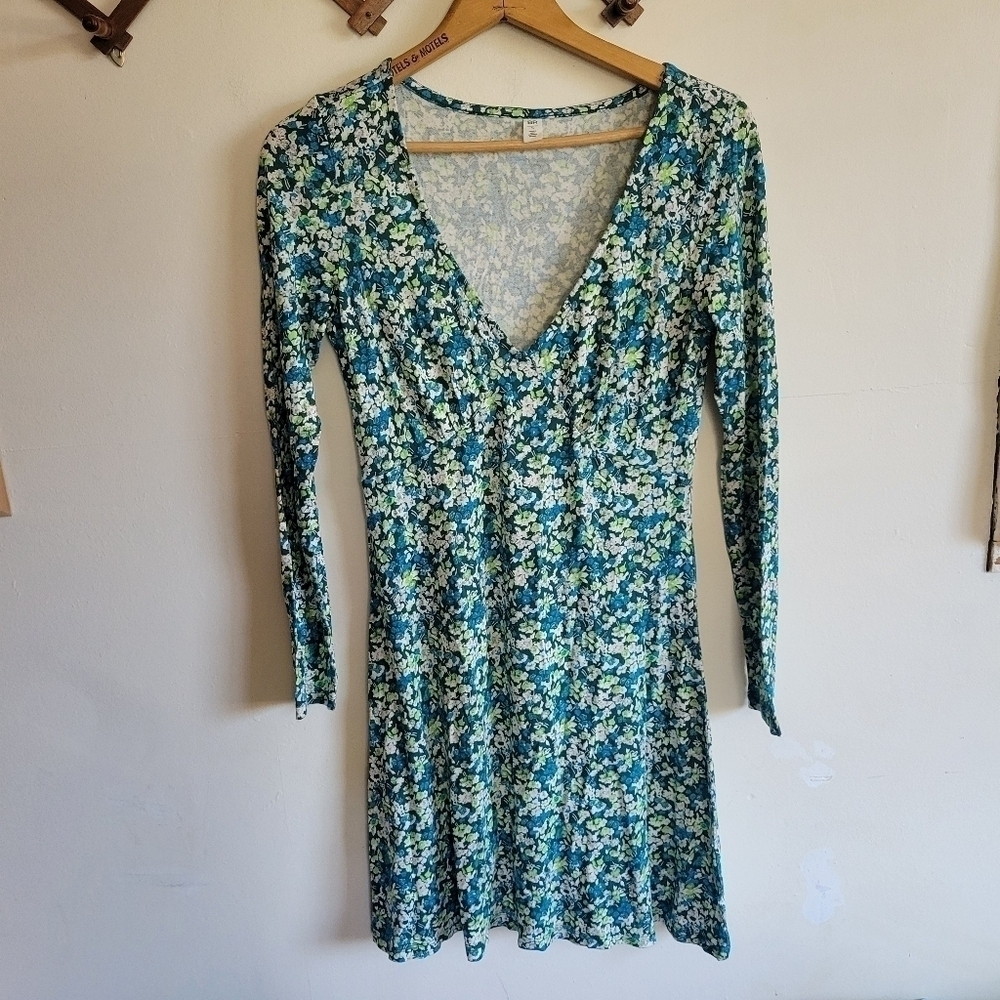 BP. Mini Dress Floral Blue Green Lightweight Long Sleeve Small S
